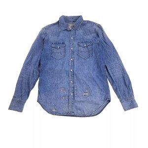 Polo Ralph Lauren Denim Western Pearl Snap Shirt Faded Distressed M Repair Style